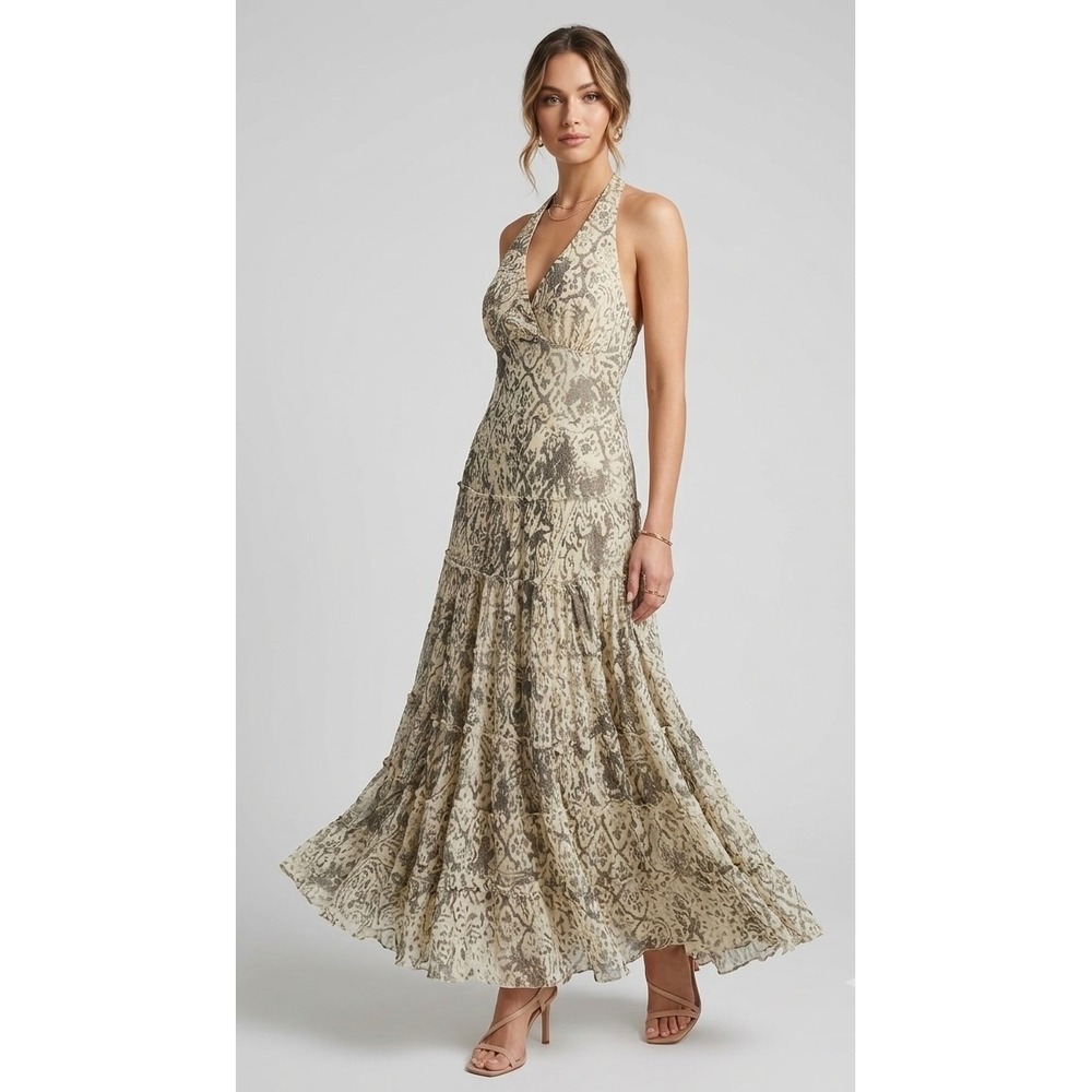 Vintage Boho Silk Tiered Halter Maxi Dress Size 14 Tan Paisley Luxury 100% Silk